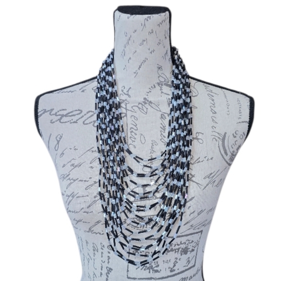 Art Deco Style Multistrand Black White Glass Bead Necklace - Picture 2 of 9